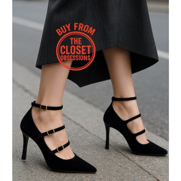 ZARA Blogger Fave!!! Pointed Toe Buckled Velvet High Heels NWT 🖤 - Picture 1 of 16